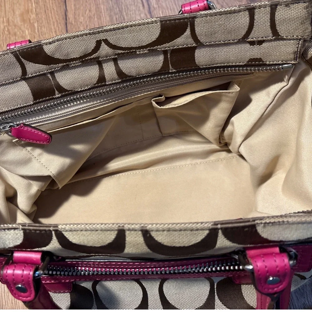 Vintage Coach Signature Canvas Carryall Tote Bag Pink Leather Trim Satchel 21157